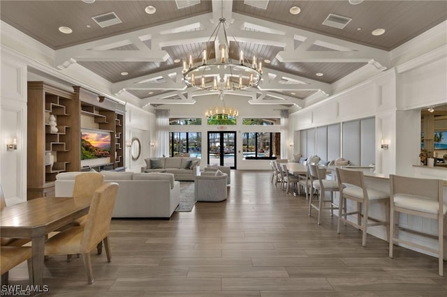 dining space with wooden ceiling, visible vents, a notable chandelier, and beam ceiling