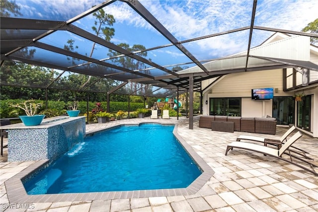 view of pool featuring an outdoor living space, a patio, pool water feature, and a lanai