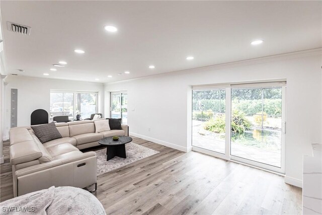 living room with light hardwood / wood-style flooring, a wealth of natural light, and ornamental molding