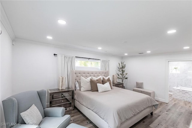 bedroom with ornamental molding and wood-type flooring