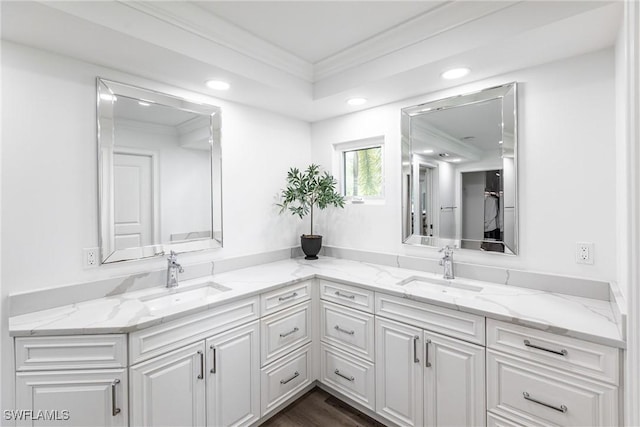 bathroom with vanity, wood-type flooring, and ornamental molding