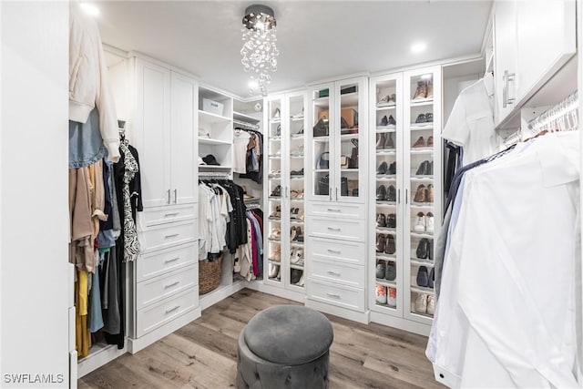 walk in closet with light hardwood / wood-style floors