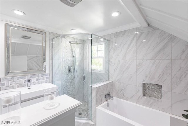 bathroom with independent shower and bath, ornamental molding, tasteful backsplash, and vanity