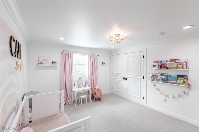 game room with crown molding and carpet floors