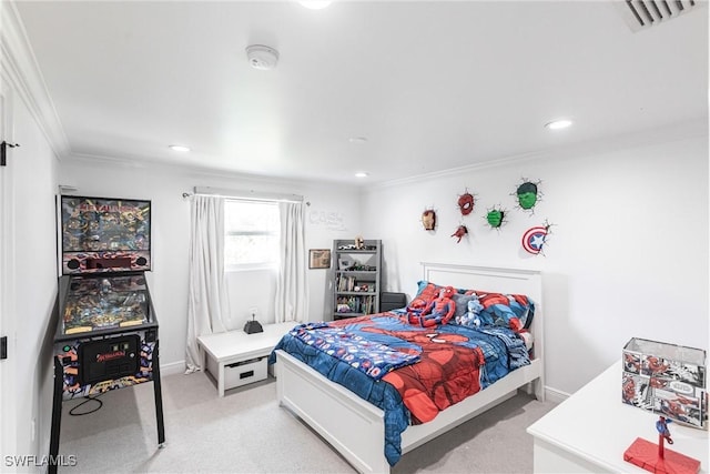 bedroom with crown molding and light colored carpet