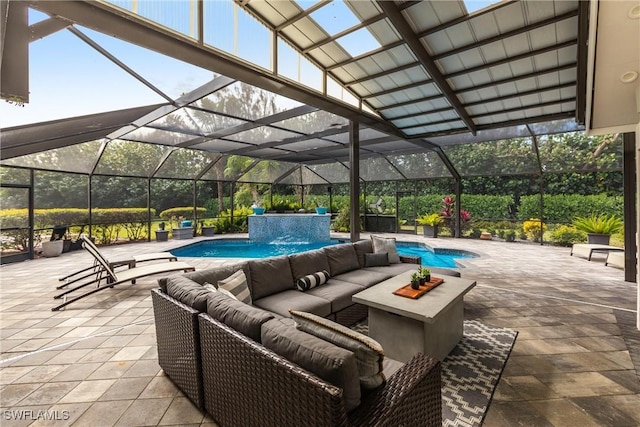 view of patio with pool water feature, an outdoor hangout area, and glass enclosure