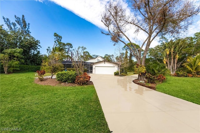 ranch-style house with a garage, a front yard, and glass enclosure