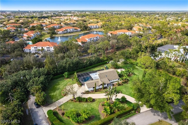 drone / aerial view featuring a water view