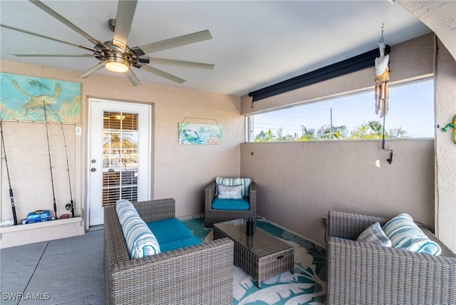 view of patio / terrace featuring ceiling fan and an outdoor hangout area