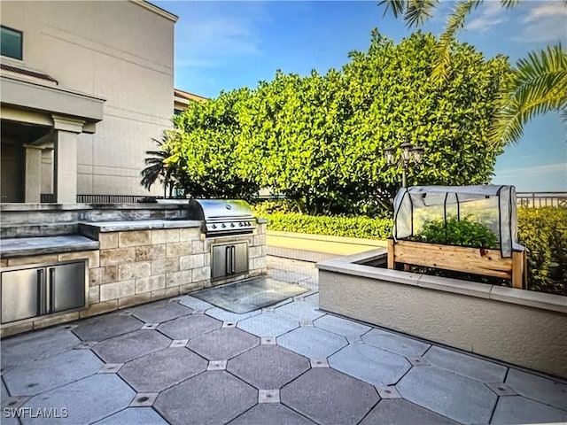 view of patio with area for grilling and a grill