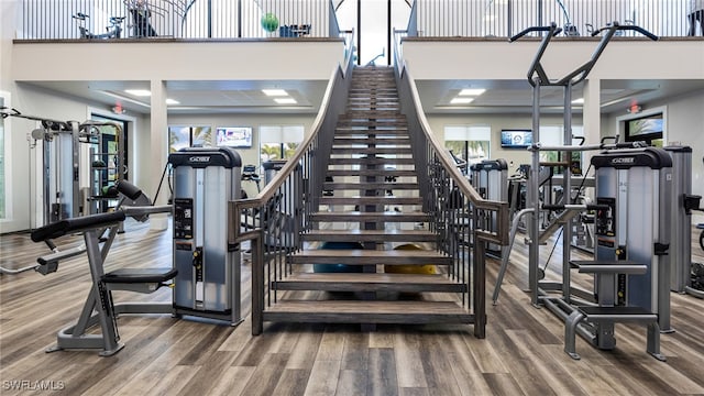 workout area with hardwood / wood-style flooring and plenty of natural light