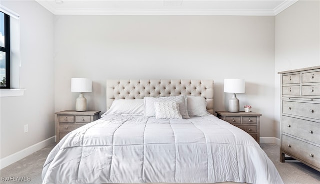 bedroom featuring light carpet and crown molding