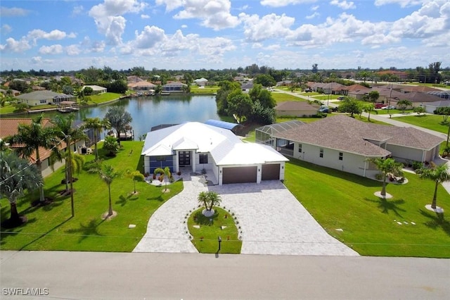 aerial view featuring a water view