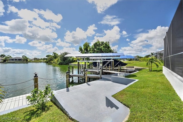 view of dock with a yard, a lanai, and a water view