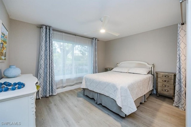 bedroom featuring a ceiling fan and light wood-type flooring