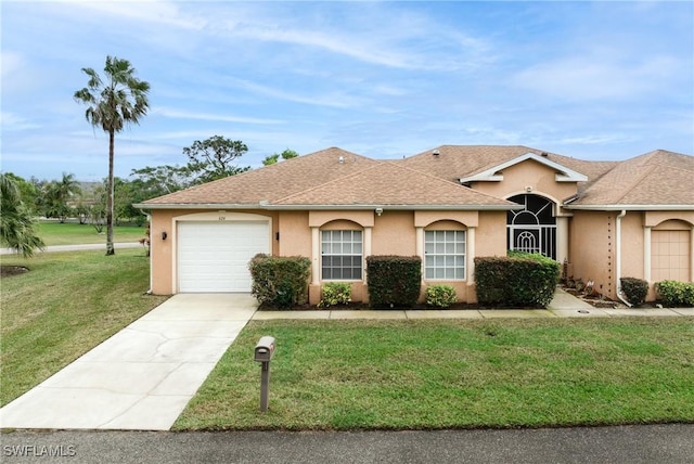 ranch-style home featuring a garage and a front yard