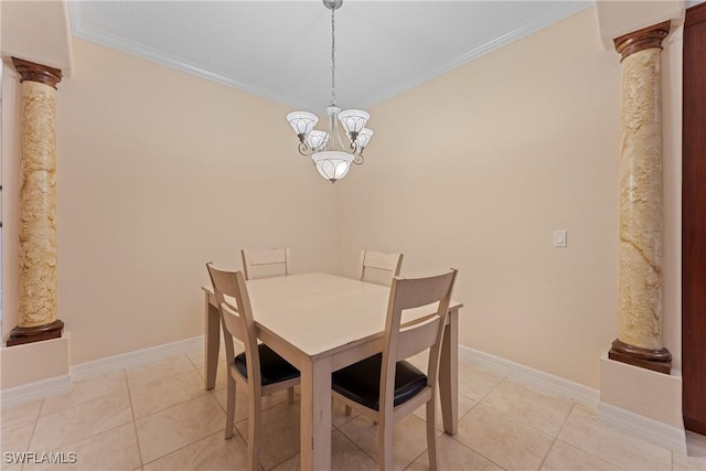 dining space with decorative columns, ornamental molding, a notable chandelier, and light tile patterned flooring