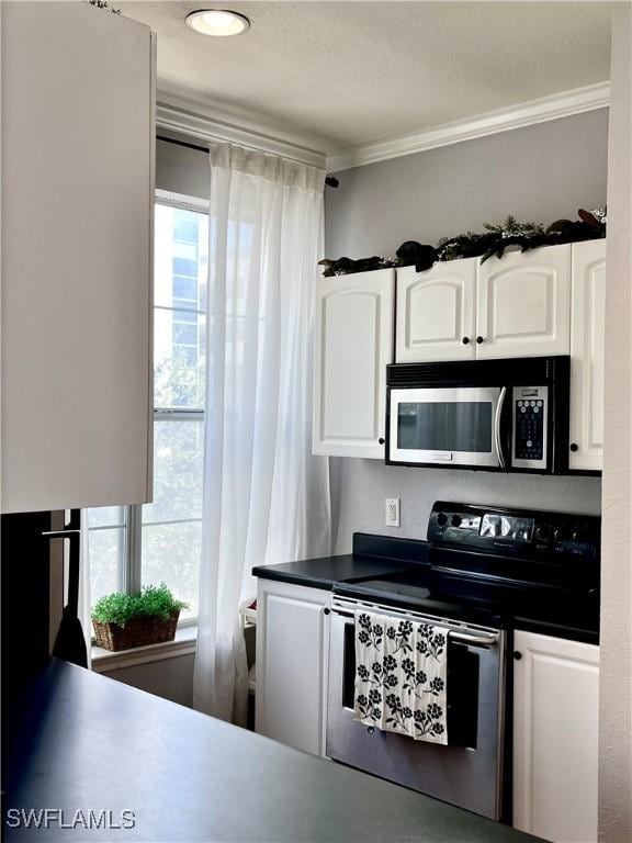 kitchen with stainless steel appliances, white cabinetry, plenty of natural light, and crown molding