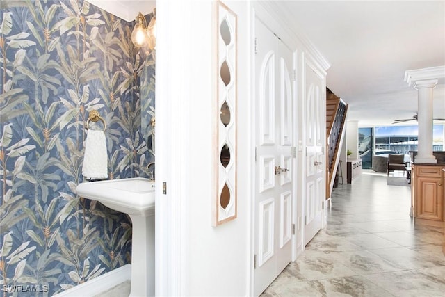 bathroom with decorative columns