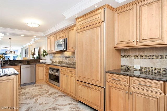 kitchen featuring pendant lighting, dark stone countertops, decorative backsplash, ornamental molding, and stainless steel appliances