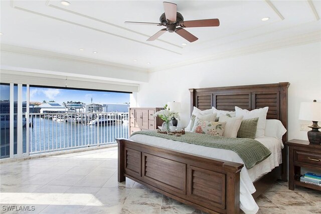 bedroom featuring access to exterior, ornamental molding, ceiling fan, and a water view