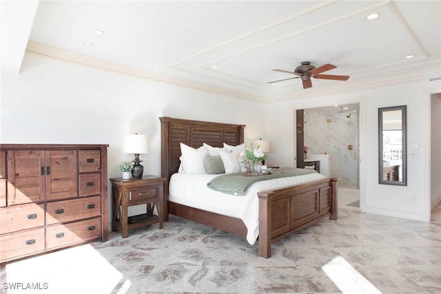 bedroom featuring crown molding, ceiling fan, and connected bathroom