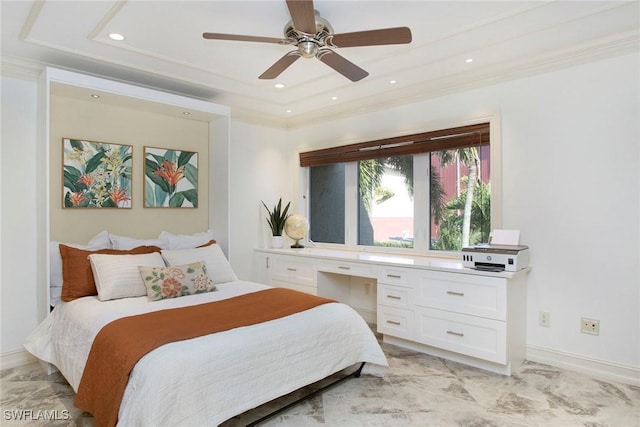 bedroom featuring ornamental molding, built in desk, and ceiling fan