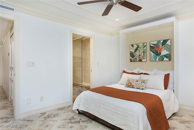 bedroom with connected bathroom, crown molding, and ceiling fan