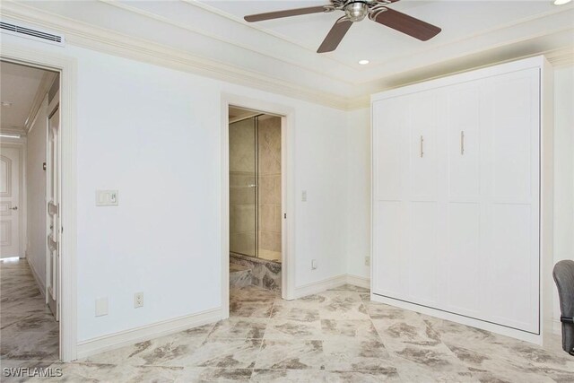 unfurnished bedroom featuring crown molding, ceiling fan, and a closet