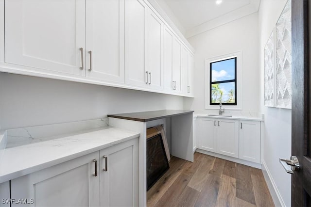 washroom featuring sink, hardwood / wood-style floors, and crown molding