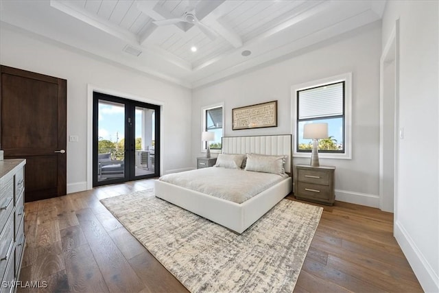 bedroom featuring hardwood / wood-style flooring, access to outside, ceiling fan, beam ceiling, and coffered ceiling