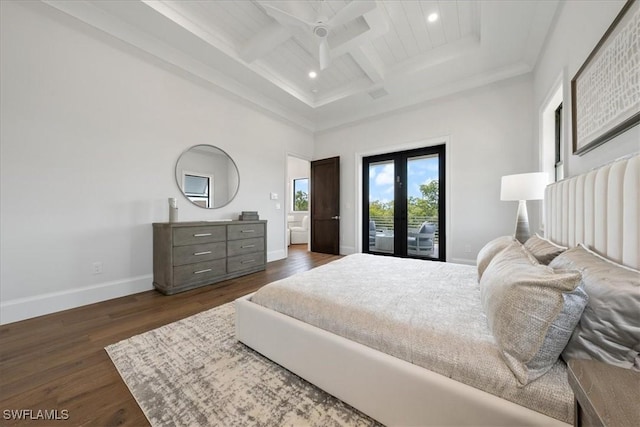 bedroom with beamed ceiling, coffered ceiling, french doors, access to outside, and dark wood-type flooring