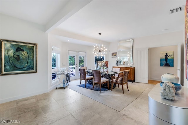 dining area featuring beamed ceiling, a notable chandelier, and french doors