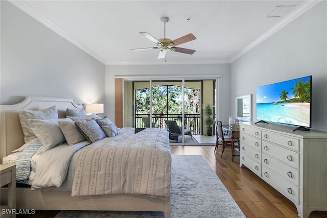 bedroom with wood-type flooring, crown molding, access to outside, and ceiling fan