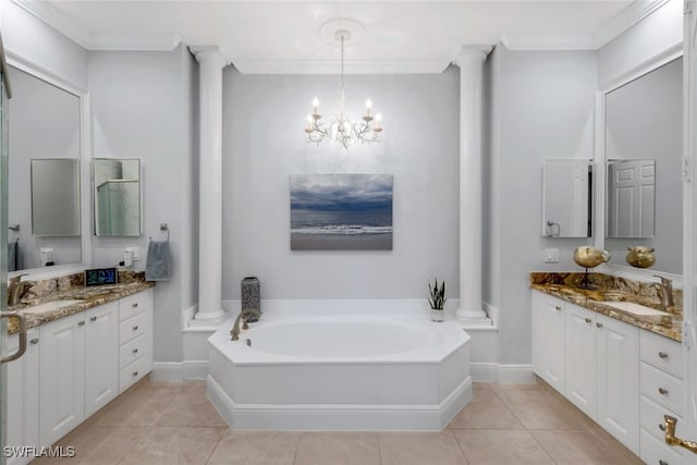 bathroom with ornate columns, ornamental molding, and tile patterned floors