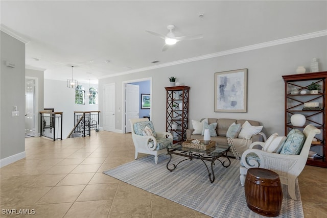 tiled living room with crown molding and ceiling fan with notable chandelier