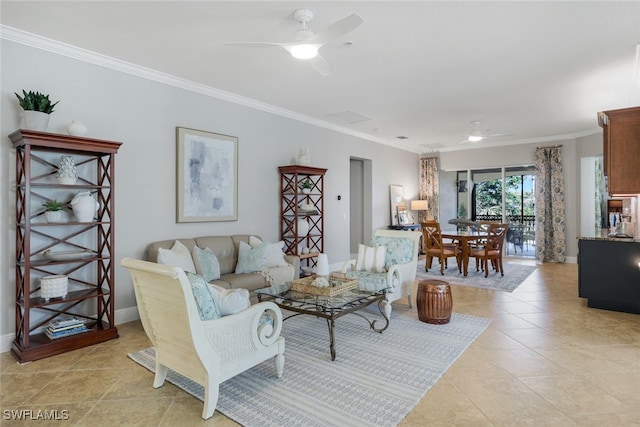 living room with crown molding, ceiling fan, and light tile patterned flooring