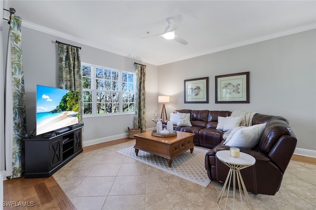 tiled living room featuring crown molding and ceiling fan