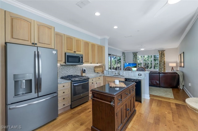 kitchen with sink, appliances with stainless steel finishes, ornamental molding, decorative backsplash, and kitchen peninsula