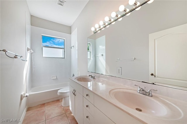 full bathroom featuring vanity, tile patterned floors, shower / bathtub combination, and toilet