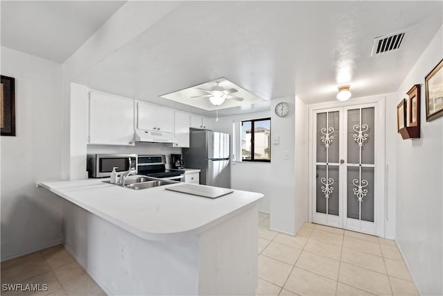 kitchen with white cabinetry, ceiling fan, stainless steel appliances, and kitchen peninsula