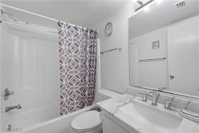 full bathroom featuring vanity, shower / bath combination with curtain, and toilet