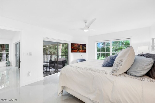 bedroom featuring ceiling fan and access to exterior