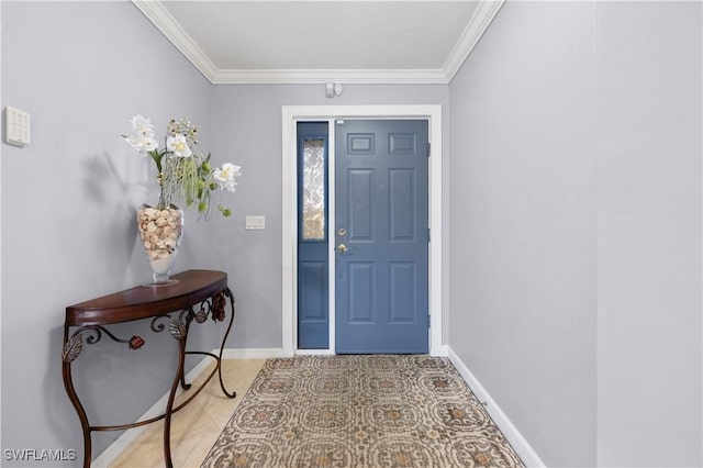 entryway with light tile patterned flooring and ornamental molding