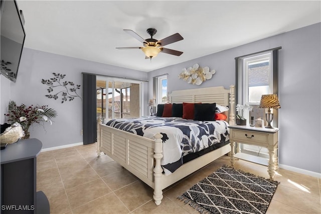 tiled bedroom with ceiling fan