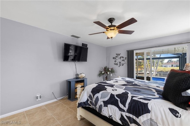 bedroom with ceiling fan, access to outside, and light tile patterned floors