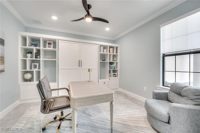 home office featuring crown molding and ceiling fan