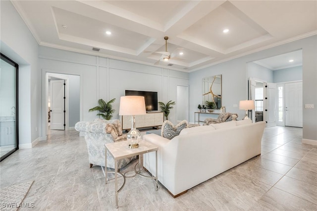 living room with crown molding, coffered ceiling, and beamed ceiling