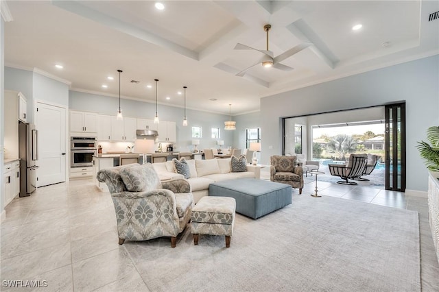 living room with coffered ceiling, light tile patterned floors, beam ceiling, and a high ceiling