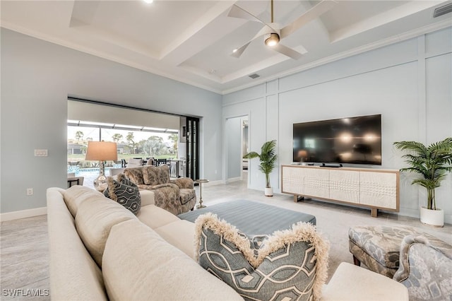 living room featuring ceiling fan, coffered ceiling, and beam ceiling